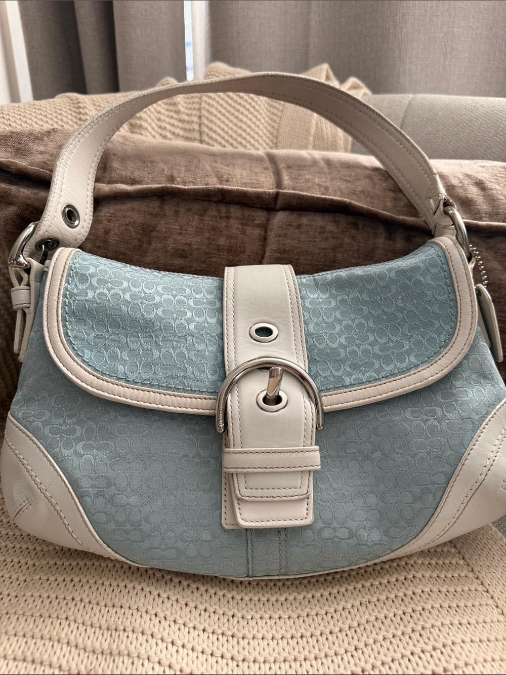 Coach Pale Blue Signature Canvas Shoulder Bag with White Leather Trim